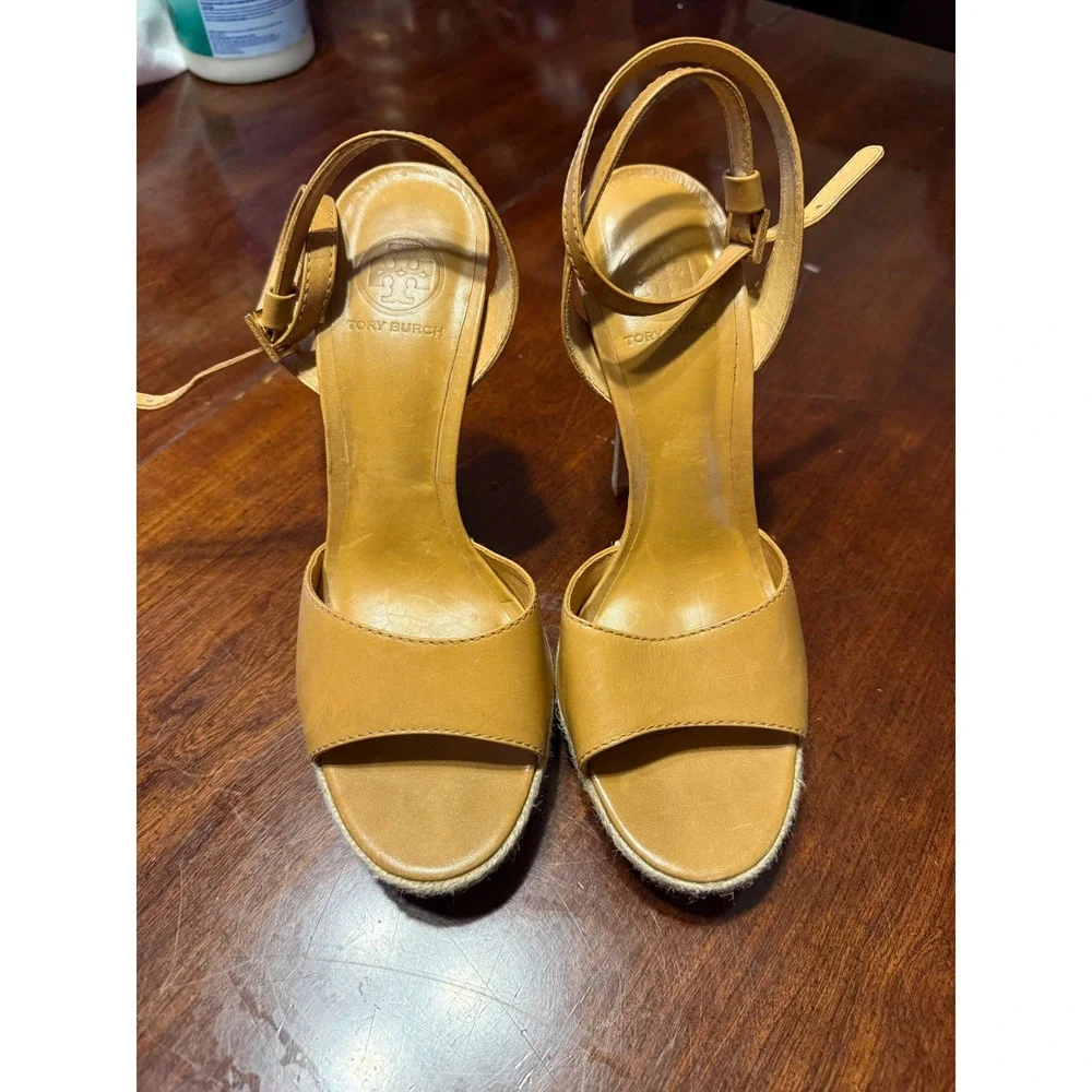 Tory Burch Tan Leather Espadrille Platform Ankle Strap Stiletto Sandals 9.5M